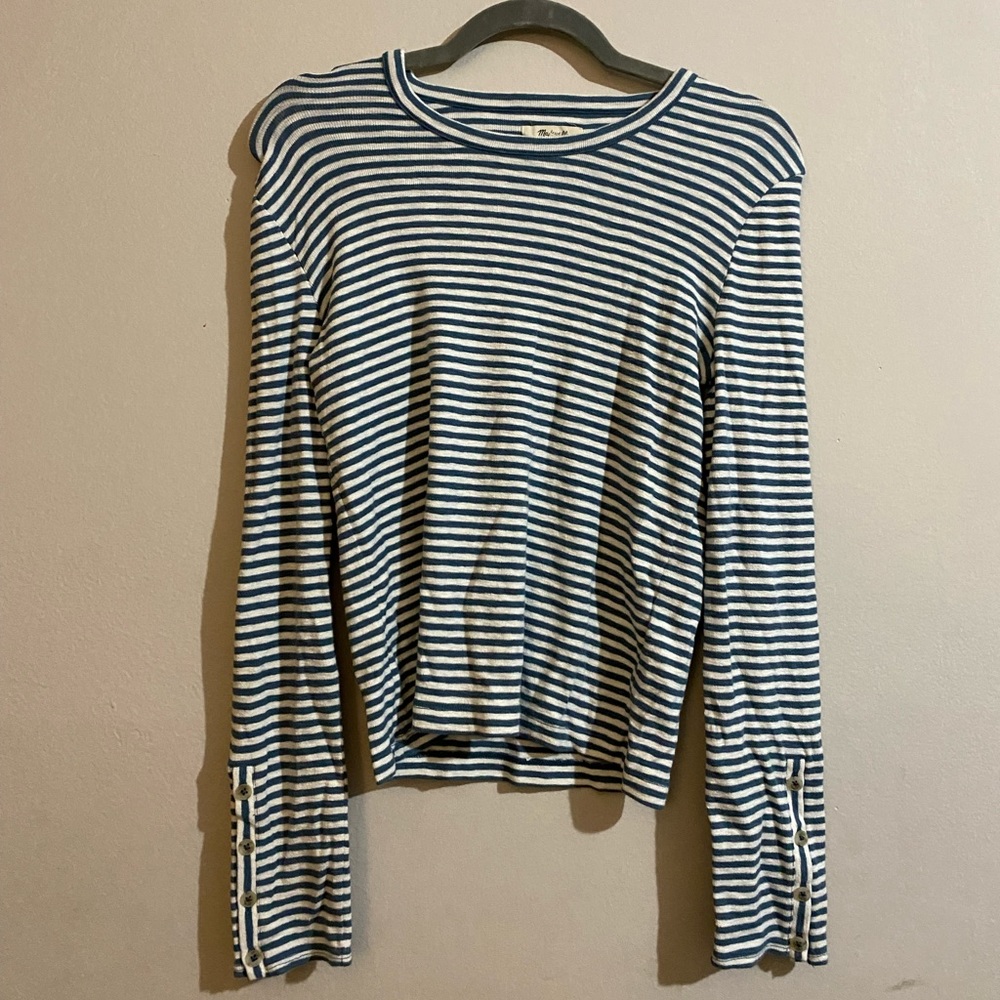 White and aqua green striped long sleeved top
